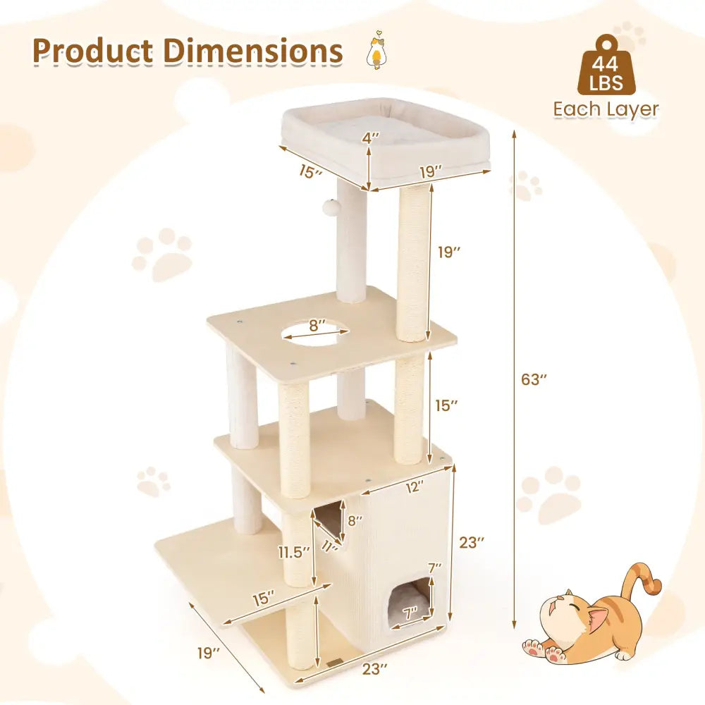 63 Inch Tall Wooden Cat Tree with 2-Story Condo and Plush Padded Top Perch-Natural - Natural - Cat Trees Condos &