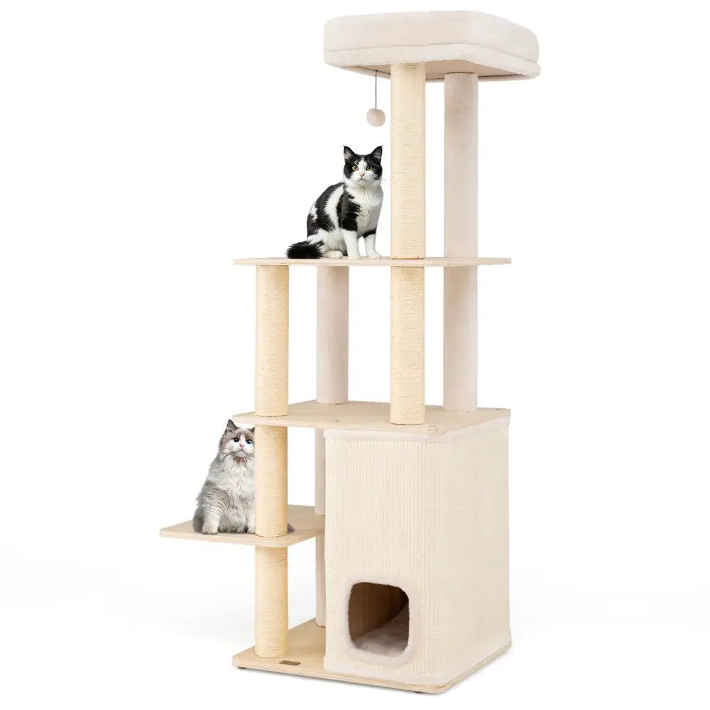 63 Inch Tall Wooden Cat Tree with 2-Story Condo and Plush Padded Top Perch-Natural - Natural - Cat Trees Condos &
