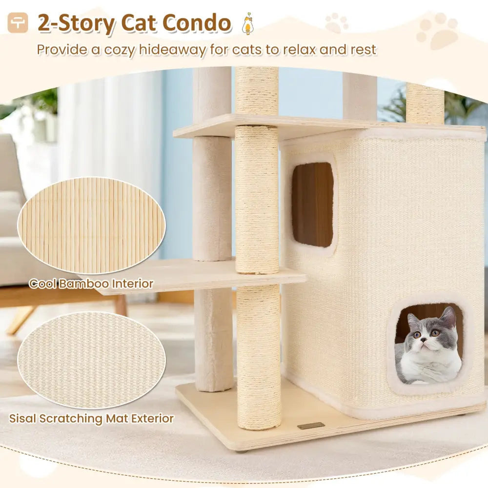 63 Inch Tall Wooden Cat Tree with 2-Story Condo and Plush Padded Top Perch-Natural - Natural - Cat Trees Condos &