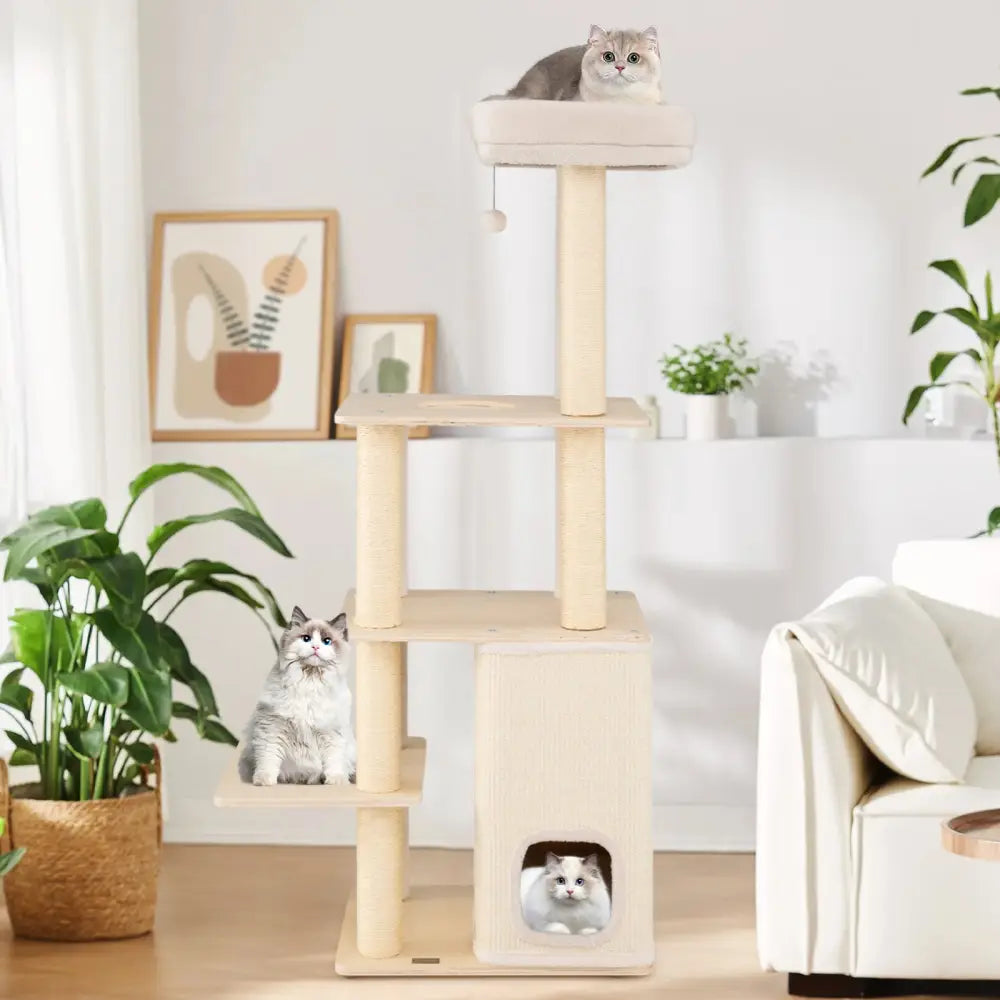 63 Inch Tall Wooden Cat Tree with 2-Story Condo and Plush Padded Top Perch-Natural - Natural - Cat Trees Condos &