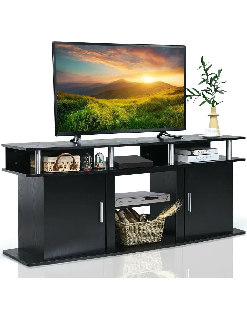 63 Inch TV Entertainment Console Center with 2 Cabinets-Black - Black - Entertainment Centers & TV Stands