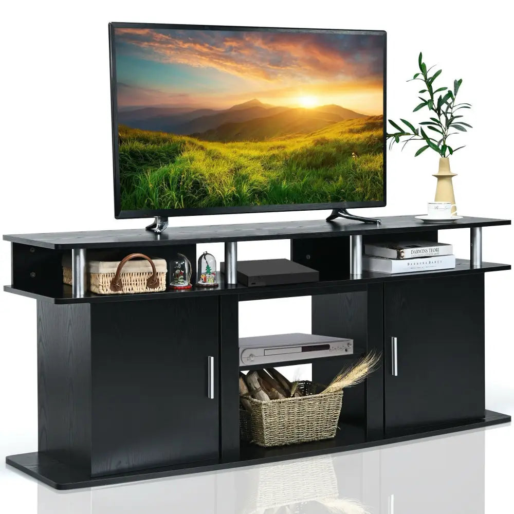 63 Inch TV Entertainment Console Center with 2 Cabinets-Black - Black - Entertainment Centers & TV Stands