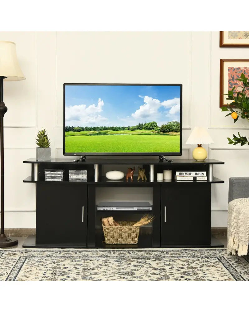63 Inch TV Entertainment Console Center with 2 Cabinets-Black - Black - Entertainment Centers & TV Stands