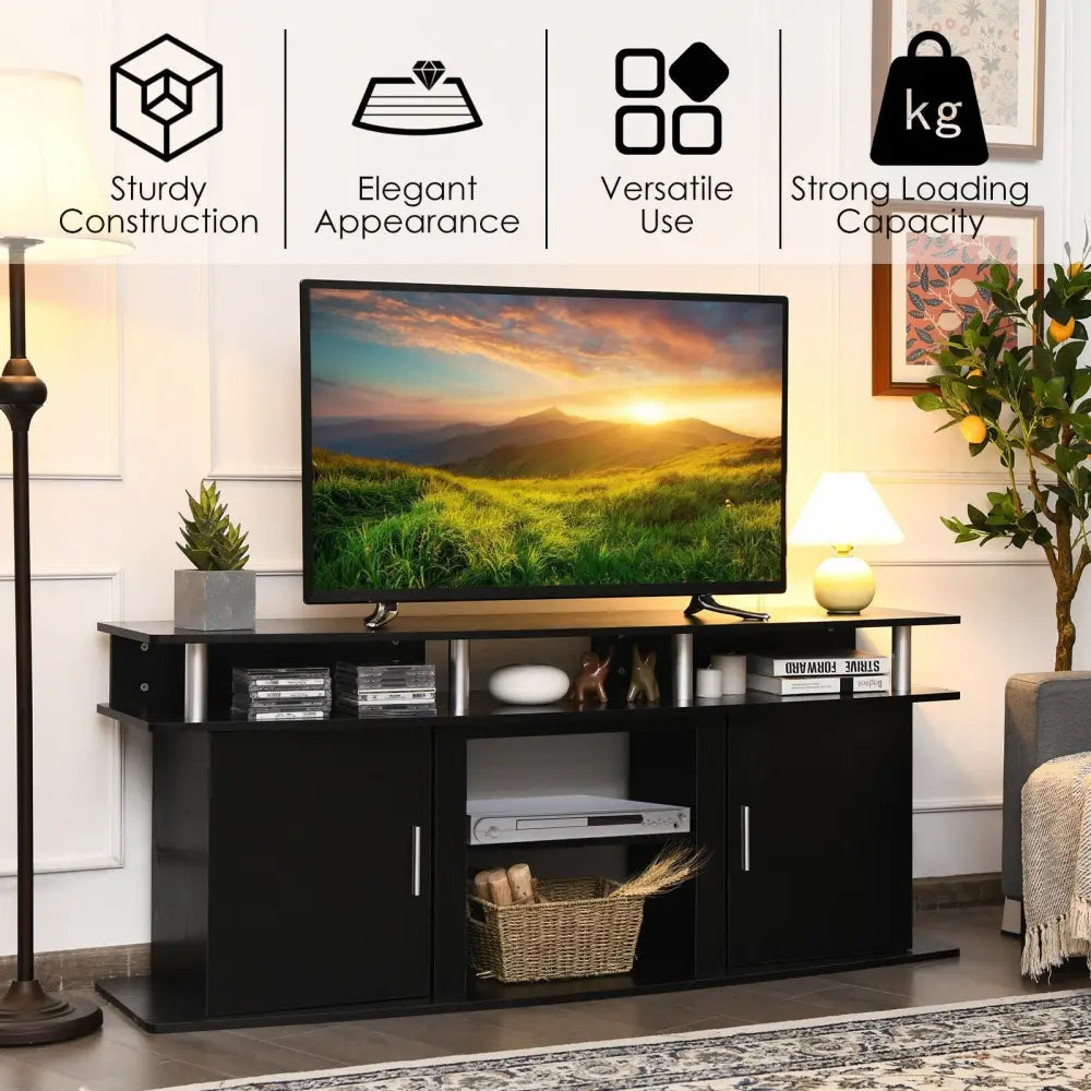 63 Inch TV Entertainment Console Center with 2 Cabinets-Black - Black - Entertainment Centers & TV Stands