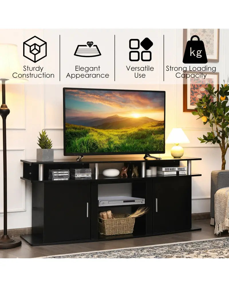 63 Inch TV Entertainment Console Center with 2 Cabinets-Black - Black - Entertainment Centers & TV Stands