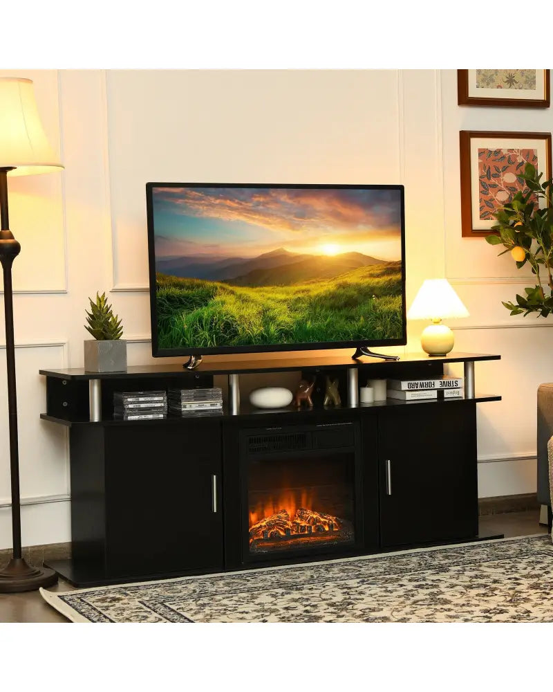 63 Inch TV Entertainment Console Center with 2 Cabinets-Black - Black - Entertainment Centers & TV Stands