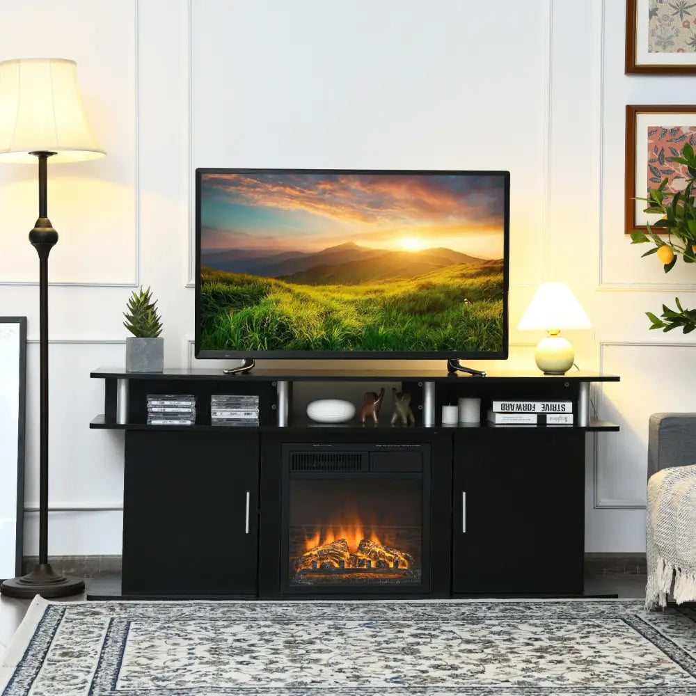 63 Inch TV Entertainment Console Center with 2 Cabinets-Black - Black - Entertainment Centers & TV Stands