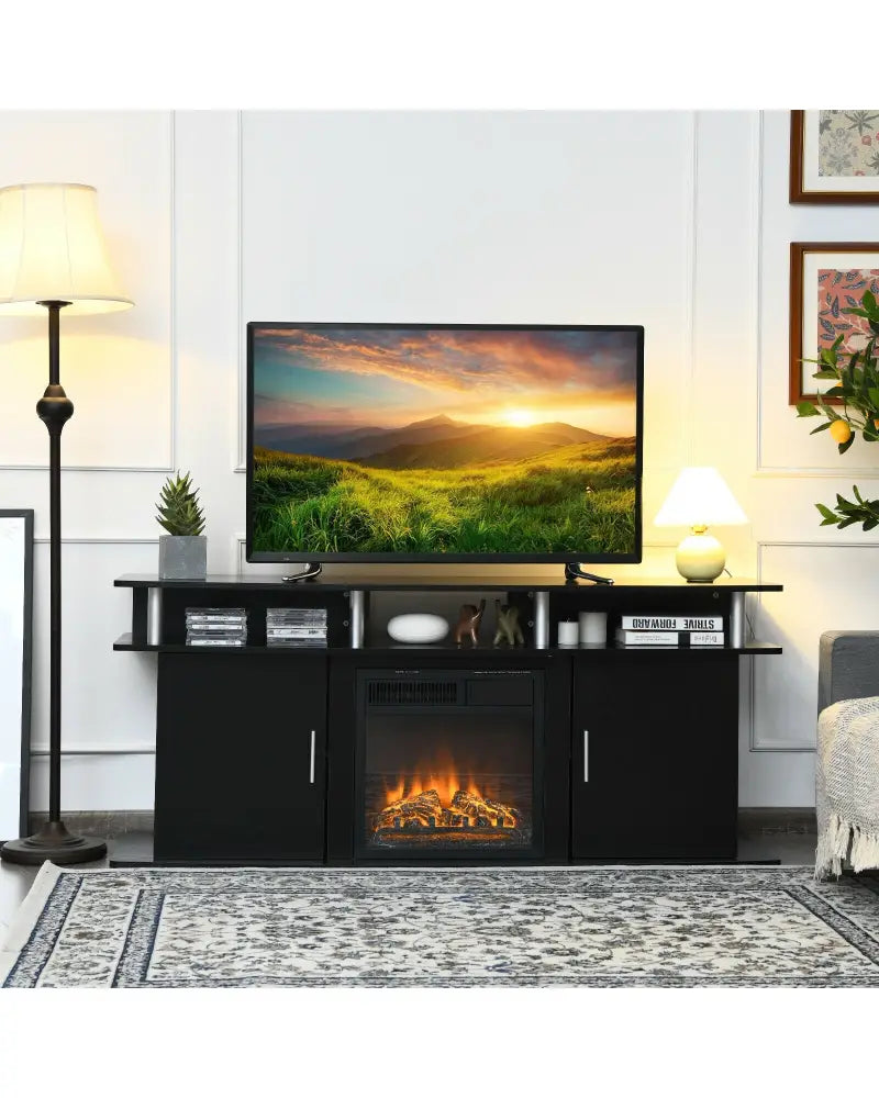 63 Inch TV Entertainment Console Center with 2 Cabinets-Black - Black - Entertainment Centers & TV Stands