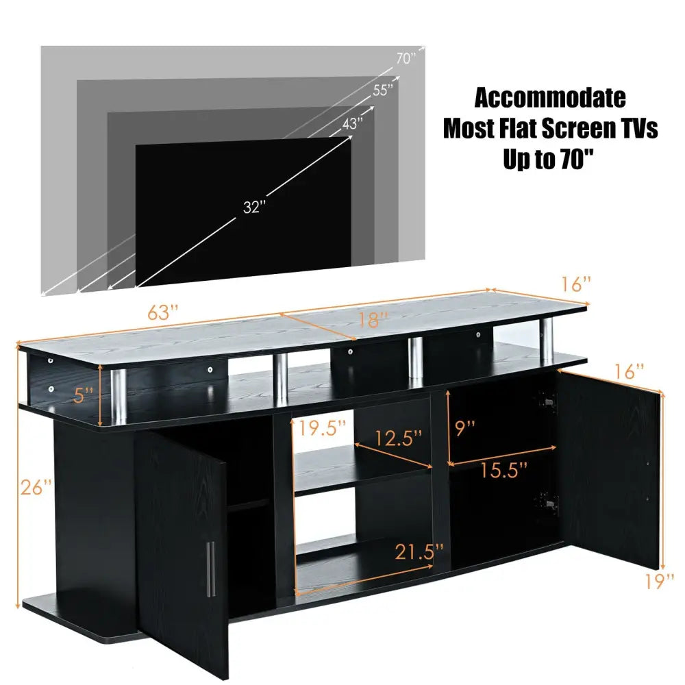 63 Inch TV Entertainment Console Center with 2 Cabinets-Black - Black - Entertainment Centers & TV Stands