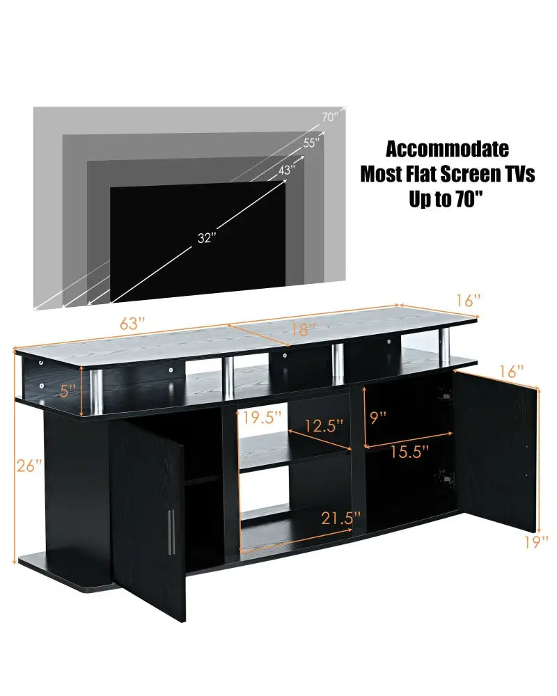 63 Inch TV Entertainment Console Center with 2 Cabinets-Black - Black - Entertainment Centers & TV Stands