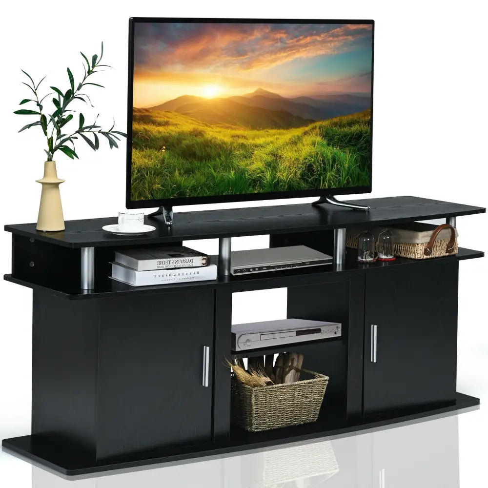 63 Inch TV Entertainment Console Center with 2 Cabinets-Black - Black - Entertainment Centers & TV Stands