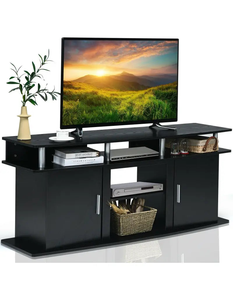 63 Inch TV Entertainment Console Center with 2 Cabinets-Black - Black - Entertainment Centers & TV Stands
