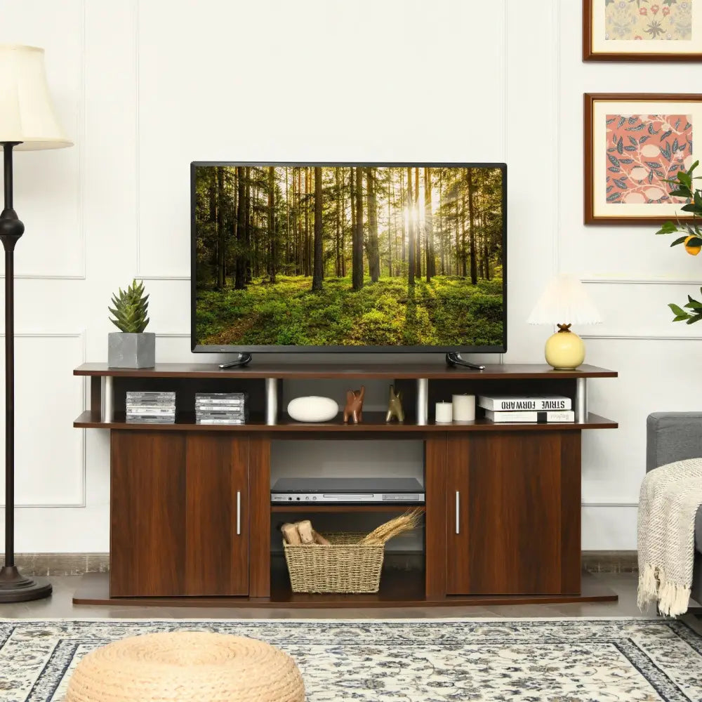 63 Inch TV Entertainment Console Center with 2 Cabinets-Walnut - Walnut - Entertainment Centers & TV Stands