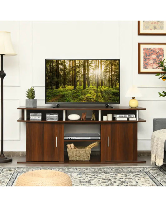63 Inch TV Entertainment Console Center with 2 Cabinets-Walnut - Walnut - Entertainment Centers & TV Stands