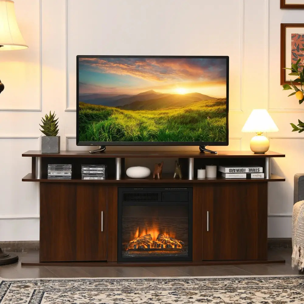 63 Inch TV Entertainment Console Center with 2 Cabinets-Walnut - Walnut - Entertainment Centers & TV Stands