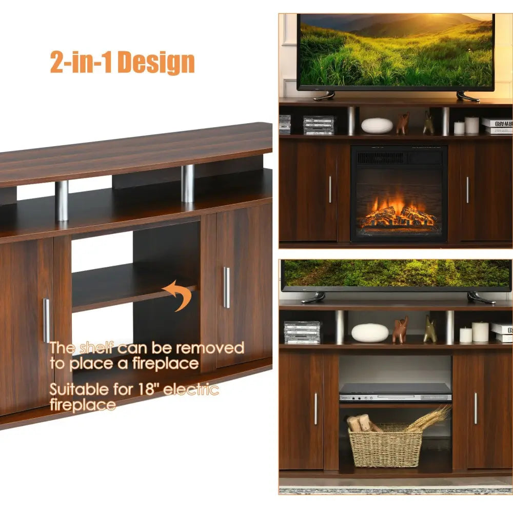 63 Inch TV Entertainment Console Center with 2 Cabinets-Walnut - Walnut - Entertainment Centers & TV Stands
