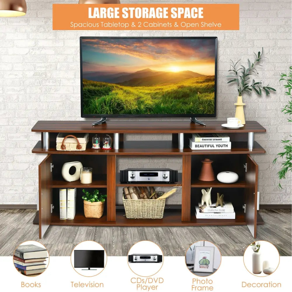 63 Inch TV Entertainment Console Center with 2 Cabinets-Walnut - Walnut - Entertainment Centers & TV Stands
