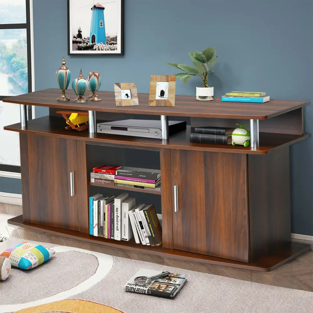 63 Inch TV Entertainment Console Center with 2 Cabinets-Walnut - Walnut - Entertainment Centers & TV Stands