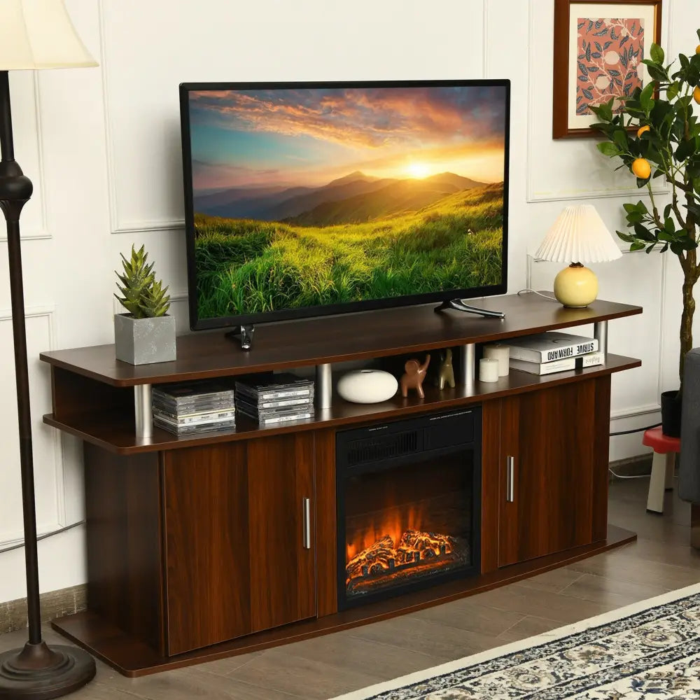 63 Inch TV Entertainment Console Center with 2 Cabinets-Walnut - Walnut - Entertainment Centers & TV Stands