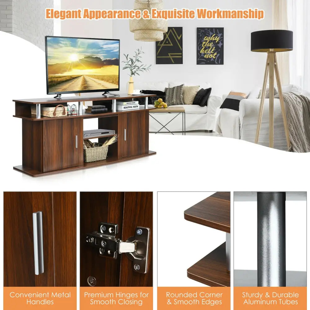 63 Inch TV Entertainment Console Center with 2 Cabinets-Walnut - Walnut - Entertainment Centers & TV Stands