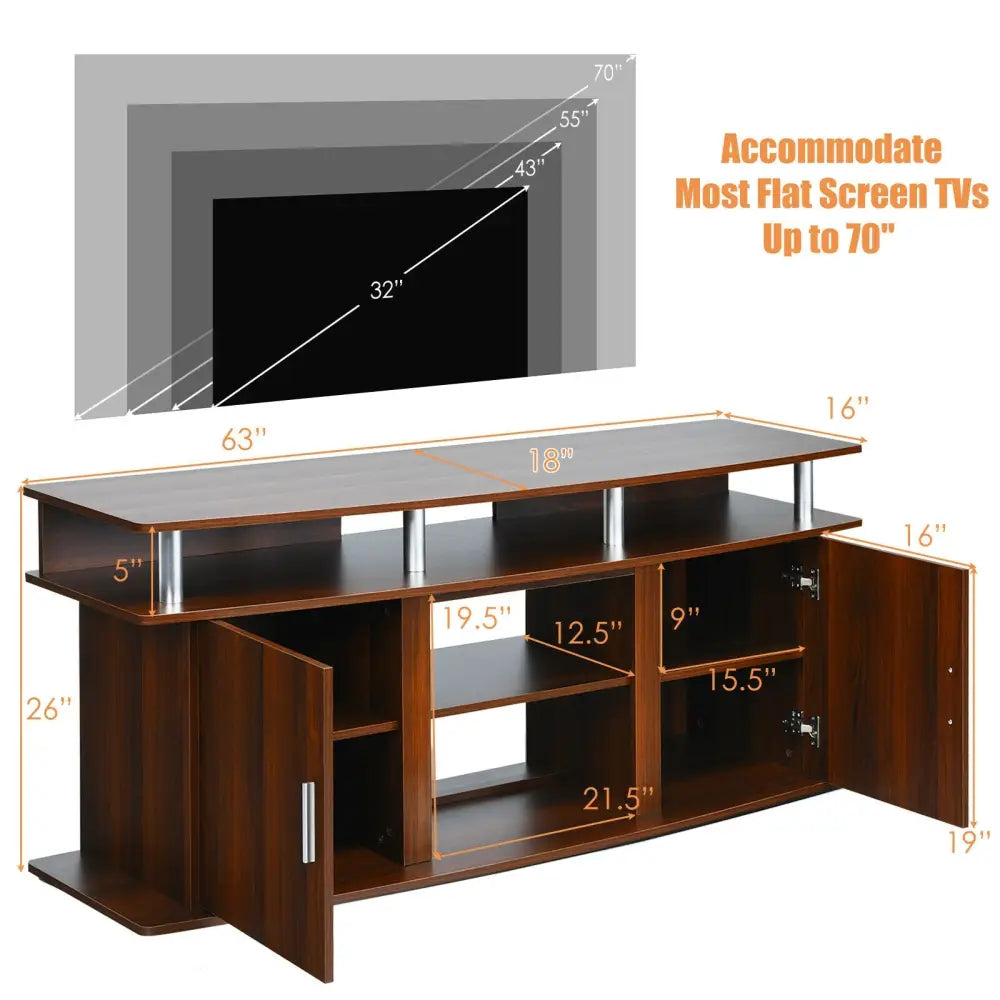 63 Inch TV Entertainment Console Center with 2 Cabinets-Walnut - Walnut - Entertainment Centers & TV Stands