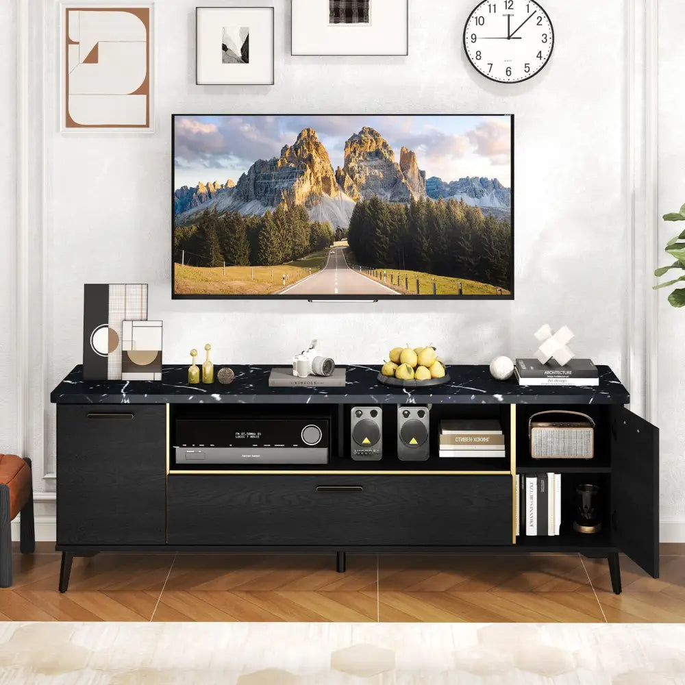 63 Inch TV Stand with Flip Door Cabinet for TVs up to 75 Inch-Black - Black - Entertainment Centers & TV Stands