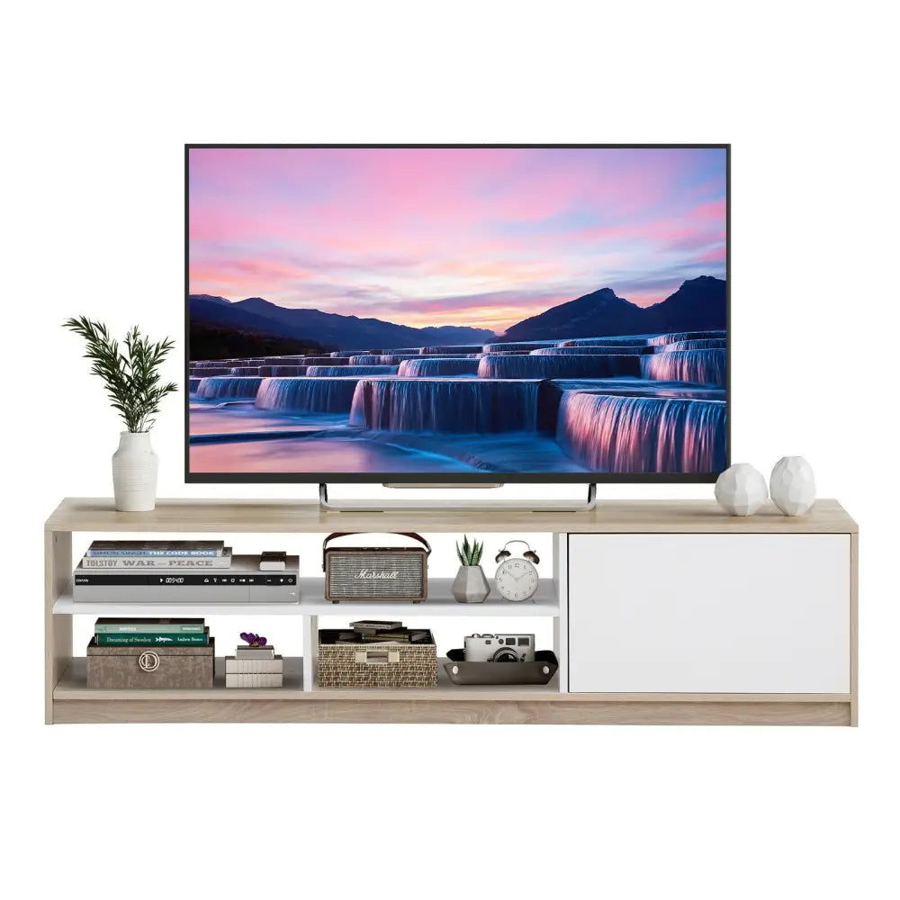 63 Inch TV Stand with Push-to-Open Door Cabinet for TVs up to 75 Inch - Natural - Entertainment Centers & TV Stands