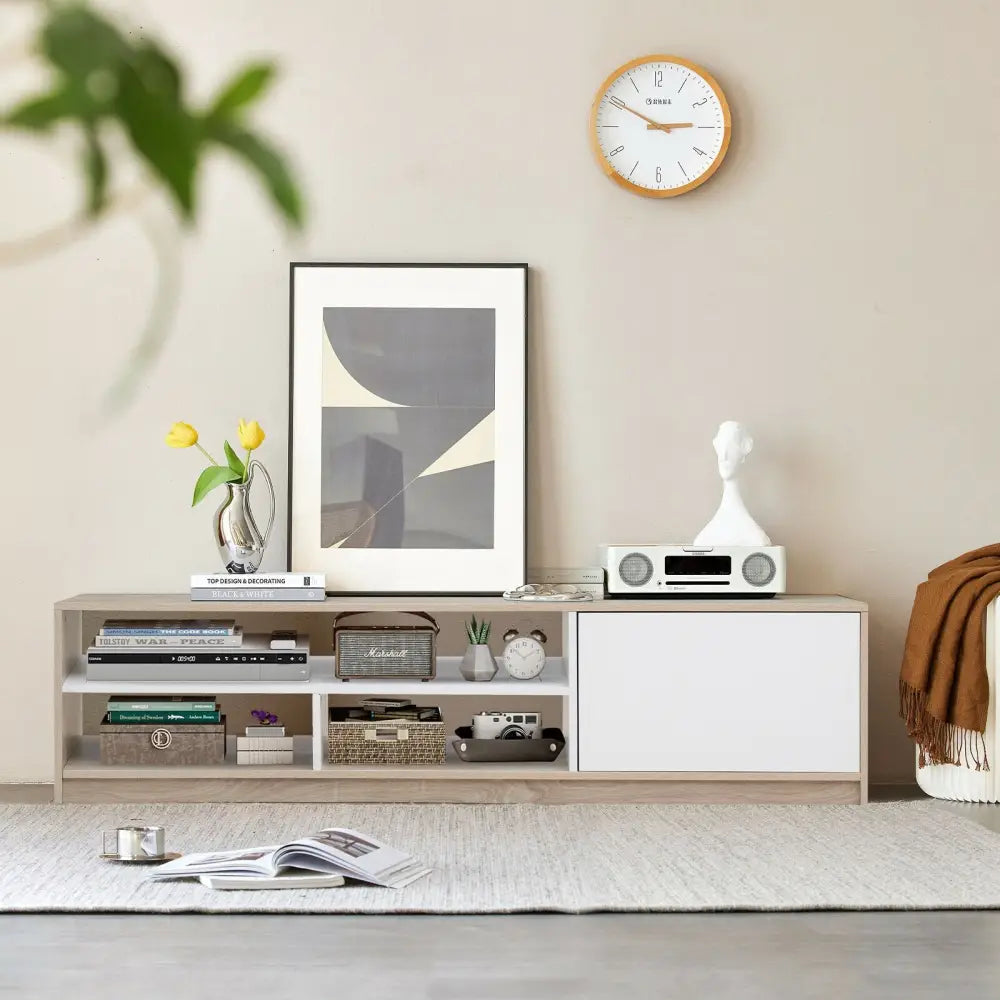 63 Inch TV Stand with Push-to-Open Door Cabinet for TVs up to 75 Inch - Natural - Entertainment Centers & TV Stands