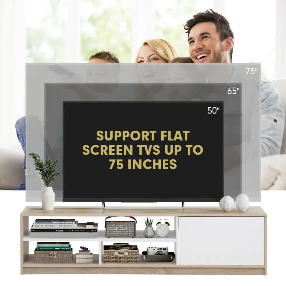 63 Inch TV Stand with Push-to-Open Door Cabinet for TVs up to 75 Inch - Natural - Entertainment Centers & TV Stands