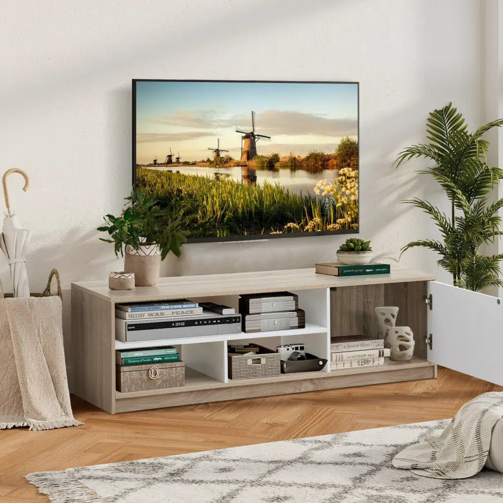 63 Inch TV Stand with Push-to-Open Door Cabinet for TVs up to 75 Inch - Natural - Entertainment Centers & TV Stands