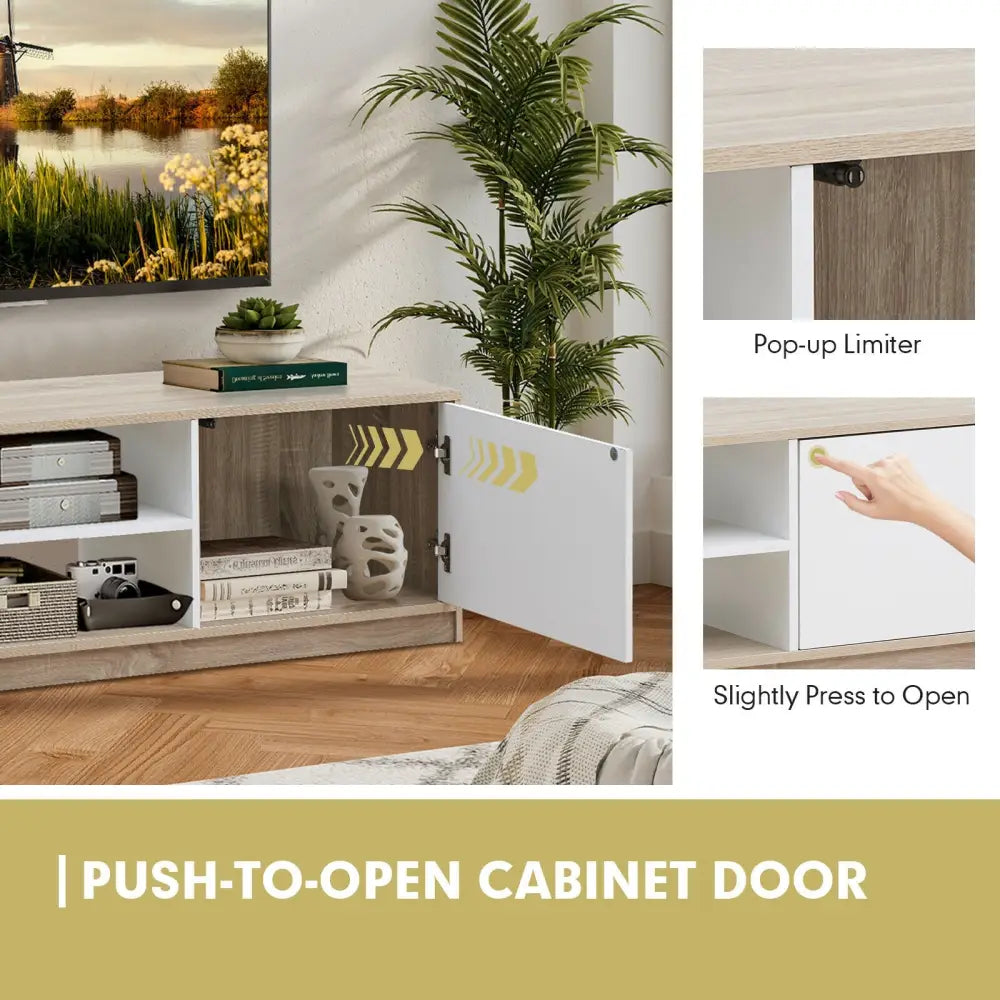 63 Inch TV Stand with Push-to-Open Door Cabinet for TVs up to 75 Inch - Natural - Entertainment Centers & TV Stands
