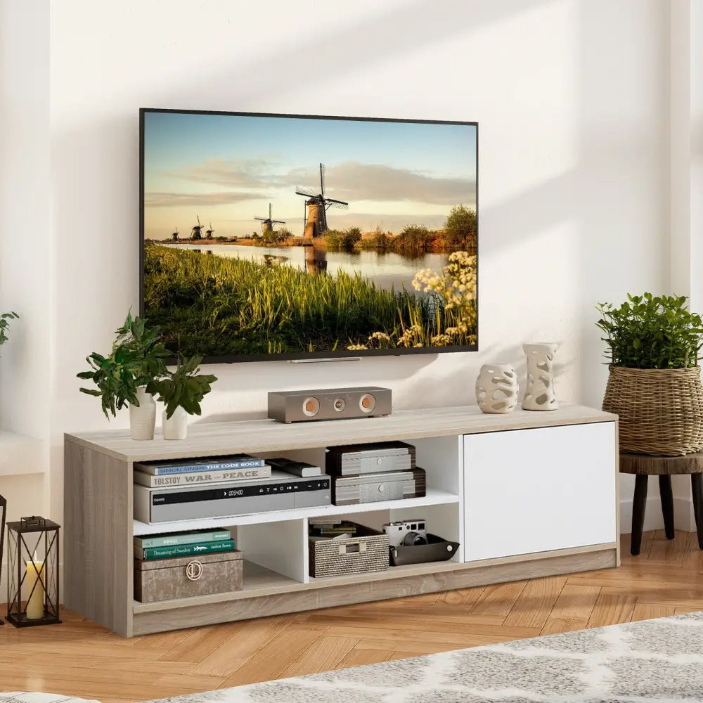 63 Inch TV Stand with Push-to-Open Door Cabinet for TVs up to 75 Inch - Natural - Entertainment Centers & TV Stands