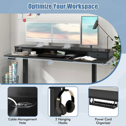 63 Inch x 24 Inch Electric Standing Desk with 2 Drawers-Black - Black - Standing Desks