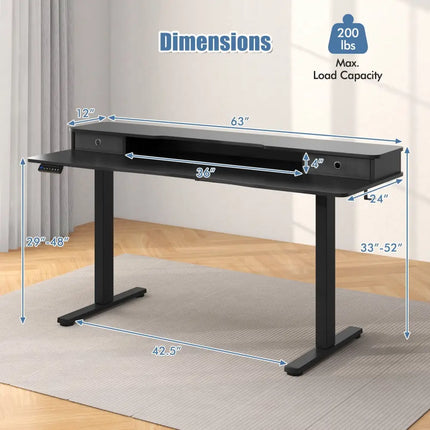 63 Inch x 24 Inch Electric Standing Desk with 2 Drawers-Black - Black - Standing Desks