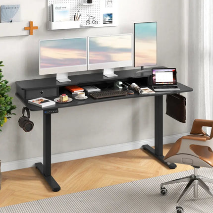 63 Inch x 24 Inch Electric Standing Desk with 2 Drawers-Black - Black - Standing Desks