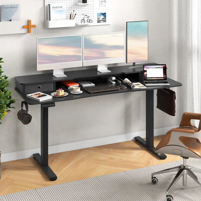 63 Inch x 24 Inch Electric Standing Desk with 2 Drawers-Black - Black - Standing Desks