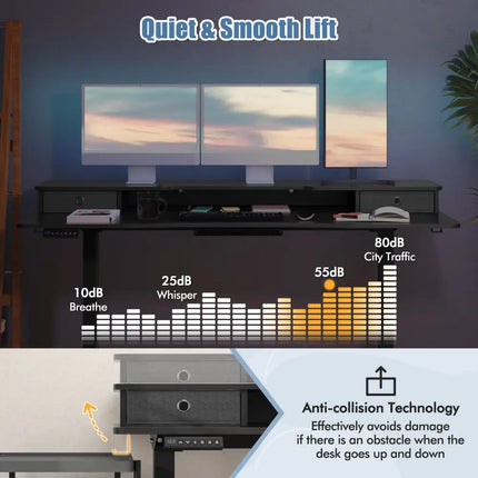 63 Inch x 24 Inch Electric Standing Desk with 2 Drawers-Black - Black - Standing Desks