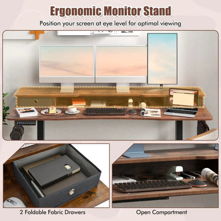 63 Inch x 24 Inch Electric Standing Desk with 2 Drawers-Rustic Brown - Rustic Brown - Standing Desks