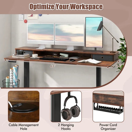 63 Inch x 24 Inch Electric Standing Desk with 2 Drawers-Rustic Brown - Rustic Brown - Standing Desks