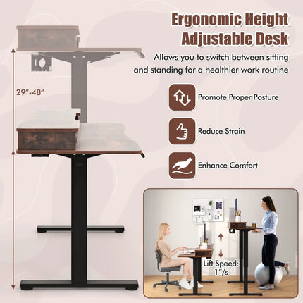 63 Inch x 24 Inch Electric Standing Desk with 2 Drawers-Rustic Brown - Rustic Brown - Standing Desks