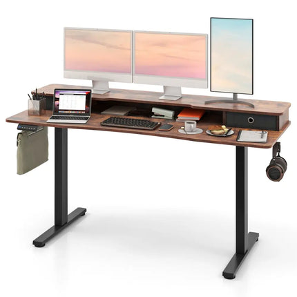 63 Inch x 24 Inch Electric Standing Desk with 2 Drawers-Rustic Brown - Rustic Brown - Standing Desks