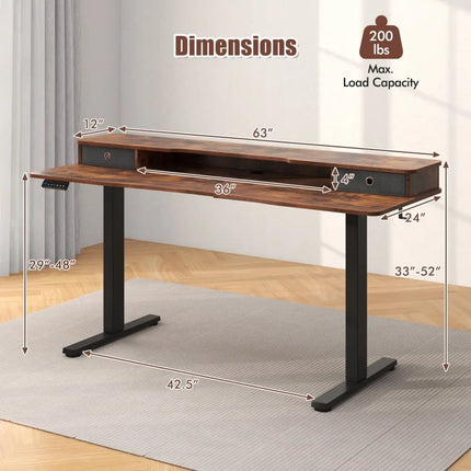 63 Inch x 24 Inch Electric Standing Desk with 2 Drawers-Rustic Brown - Rustic Brown - Standing Desks