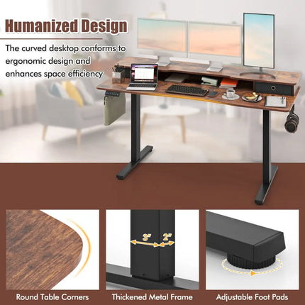 63 Inch x 24 Inch Electric Standing Desk with 2 Drawers-Rustic Brown - Rustic Brown - Standing Desks