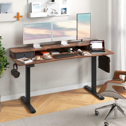 63 Inch x 24 Inch Electric Standing Desk with 2 Drawers-Rustic Brown - Rustic Brown - Standing Desks