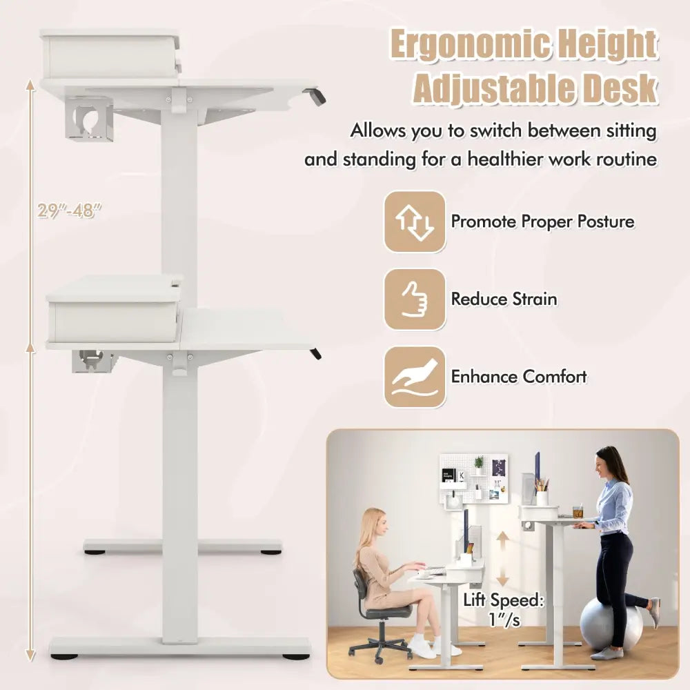63 Inch x 24 Inch Electric Standing Desk with 2 Drawers-White - White - Standing Desks