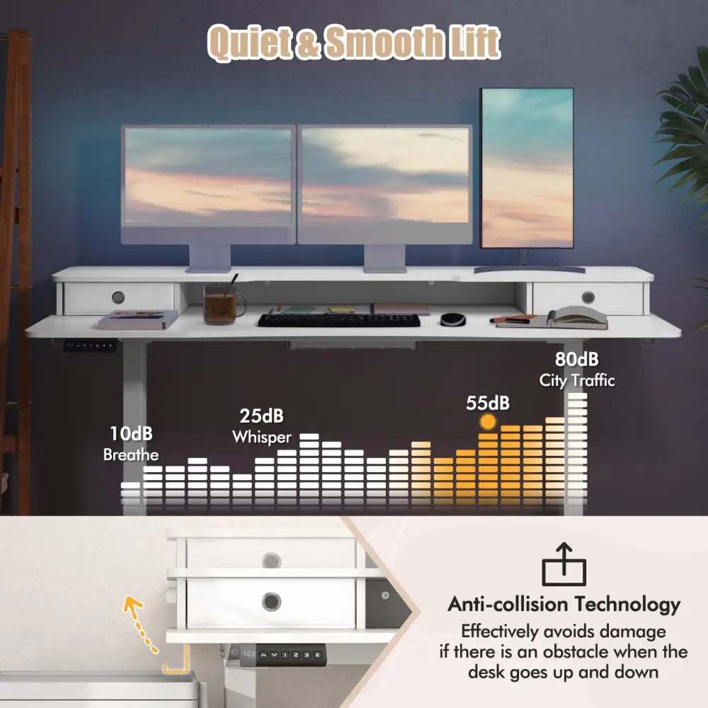 63 Inch x 24 Inch Electric Standing Desk with 2 Drawers-White - White - Standing Desks