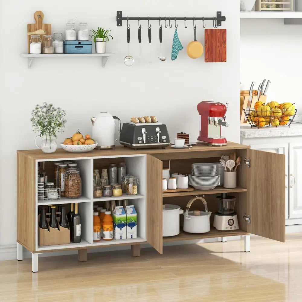 63 Inches Buffet Sideboard with 4 Compartments and Push-to-Open Cabinet-Natural - Natural - Sideboards Cabinets &