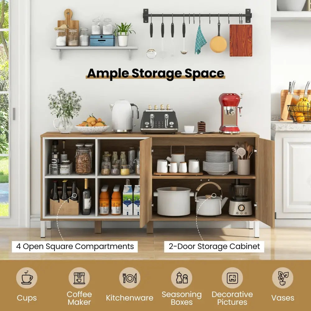 63 Inches Buffet Sideboard with 4 Compartments and Push-to-Open Cabinet-Natural - Natural - Sideboards Cabinets &
