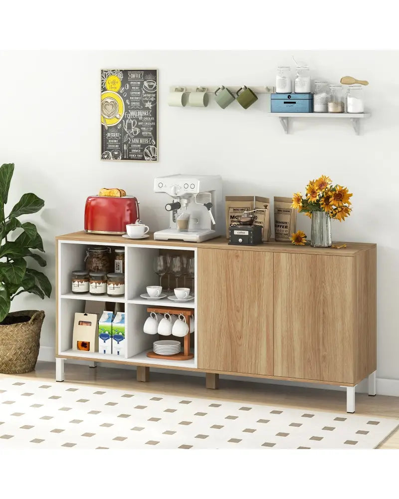 63 Inches Buffet Sideboard with 4 Compartments and Push-to-Open Cabinet-Natural - Natural - Sideboards Cabinets &