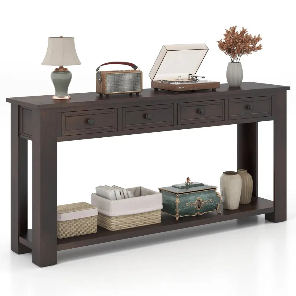 63 Inches Farmhouse Entryway Table with 4 Storage Drawers and Open Shelf-Espresso - Espresso - Console Tables